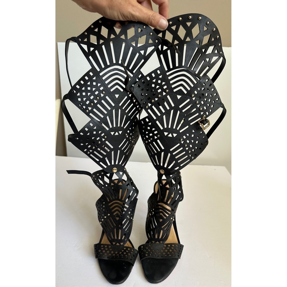 Schutz Brasiliana Gladiator Sandals Black Leather Laser Cut‎ Removable Piece 8B
